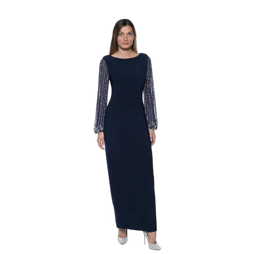 NWT Marina Navy Blue Beaded Sleeve Ruched Front Maxi Dress 10 Mother of Bride